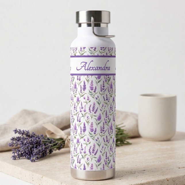 Purple Wildflower Watercolor Monogram Name Water Bottle (Creator Uploaded)