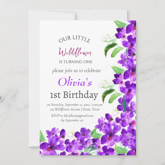 Purple Wildflowers 1st First Birthday Girl Floral  Invitation (Front)