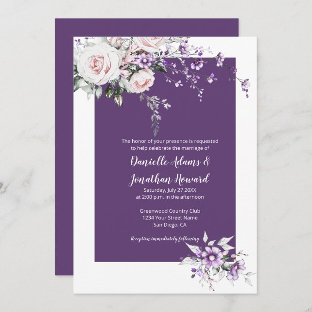 Purple Wildflowers Blush Pink Roses Wedding Invitation (Front/Back)