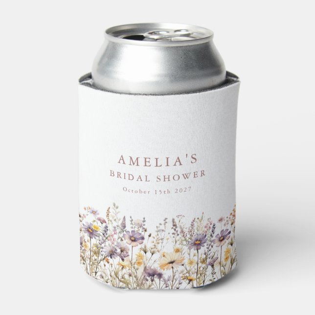 Purple Wildflowers Border Bridal Shower Custom Can Cooler (Can Front)