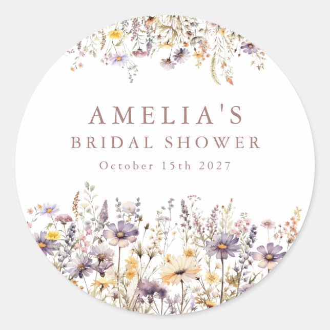 Purple Wildflowers Border Bridal Shower Custom Classic Round Sticker (Front)