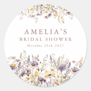 Purple Wildflowers Border Bridal Shower Custom Classic Round Sticker