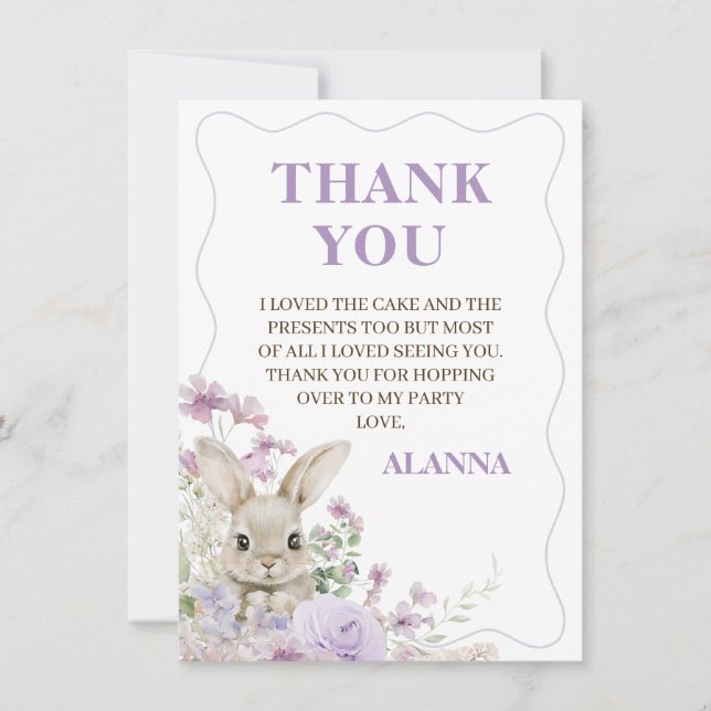 Purple Wildflowers Bunny Birthday Thank You Card (Front)