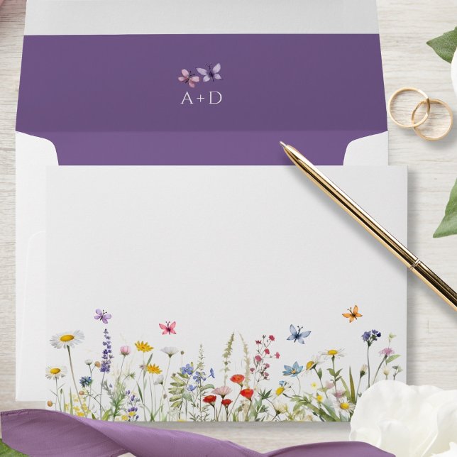 Purple Wildflowers Butterflies Wedding Envelope (Creator Uploaded)