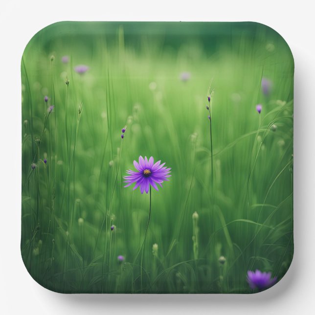 Purple Wildflowers In Green Field Paper Plate (Front)