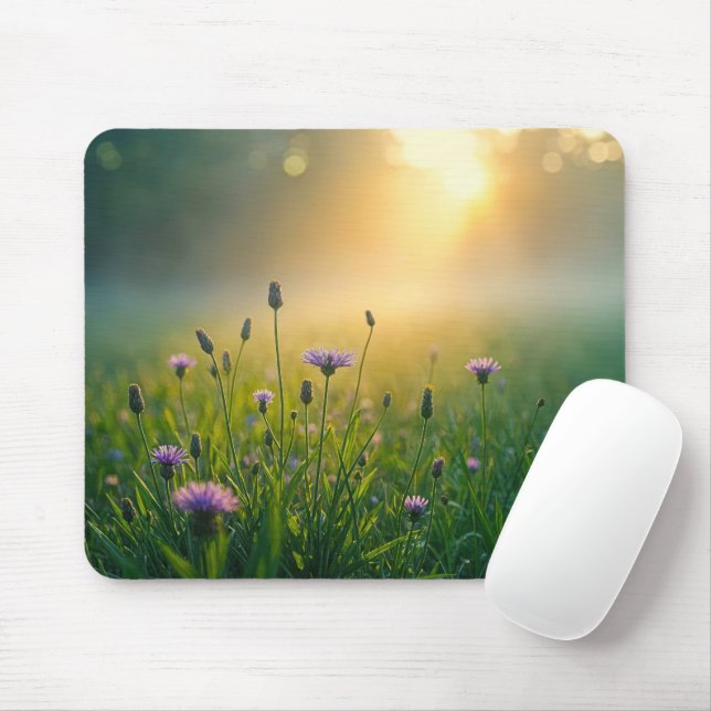 Purple Wildflowers In Misty Meadow Mouse Mat (With Mouse)