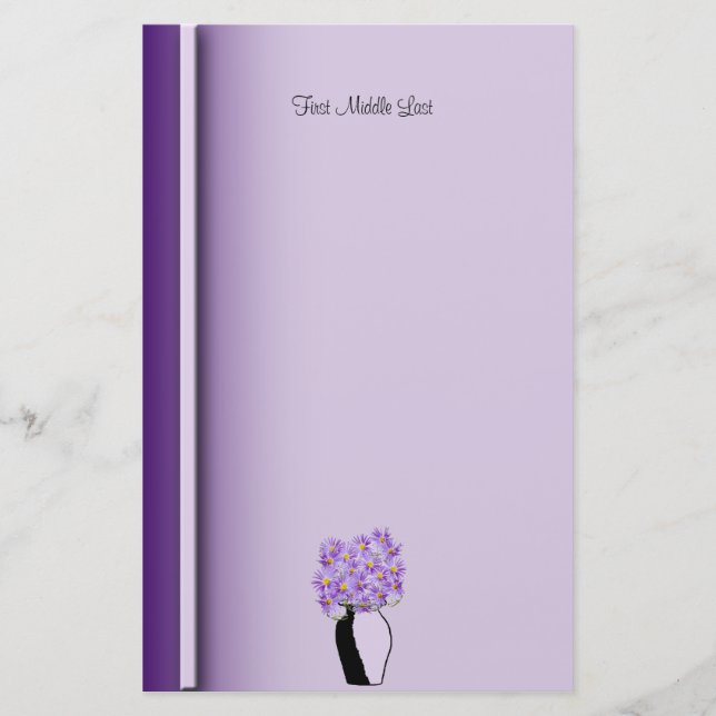 Purple Wildflowers In Sketched Vase Artwork Custom Stationery (Front)