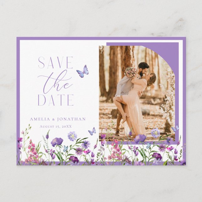 Purple Wildflowers Save The Date Wedding Postcard (Front)