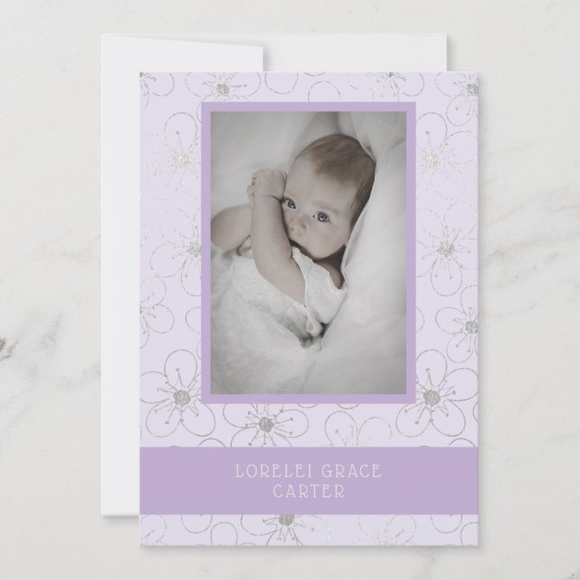 Purple Wildflowers Silver Photo Naming Ceremony Card (Front)