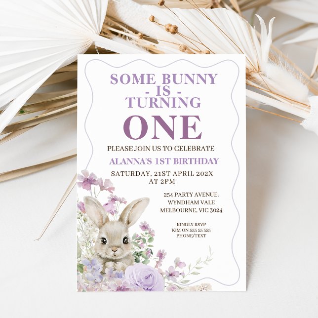 Purple Wildflowers Wave Bunny 1st Birthday Invitation (Some bunny is turning one first birthday invitation with fury bunny and purple wildflowers.  Easter )
