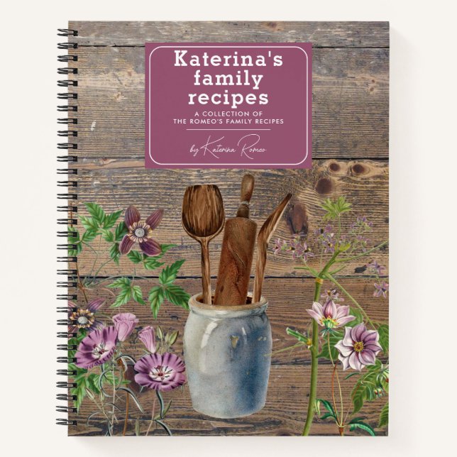 Purple Wildflowers Wood Kitchen Utensils Recipe Notebook (Front)
