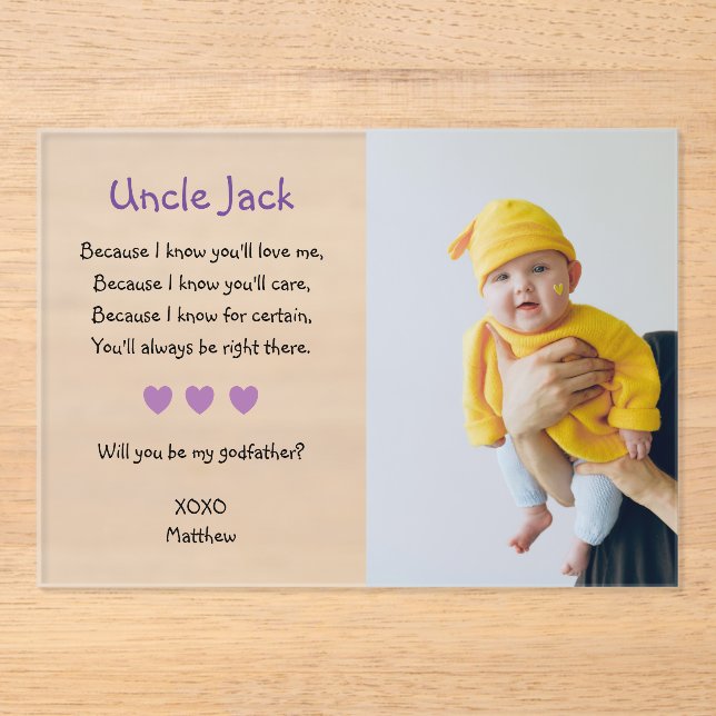 Purple Will You Be My Godfather Proposal Baptism Acrylic Invitations (Front)
