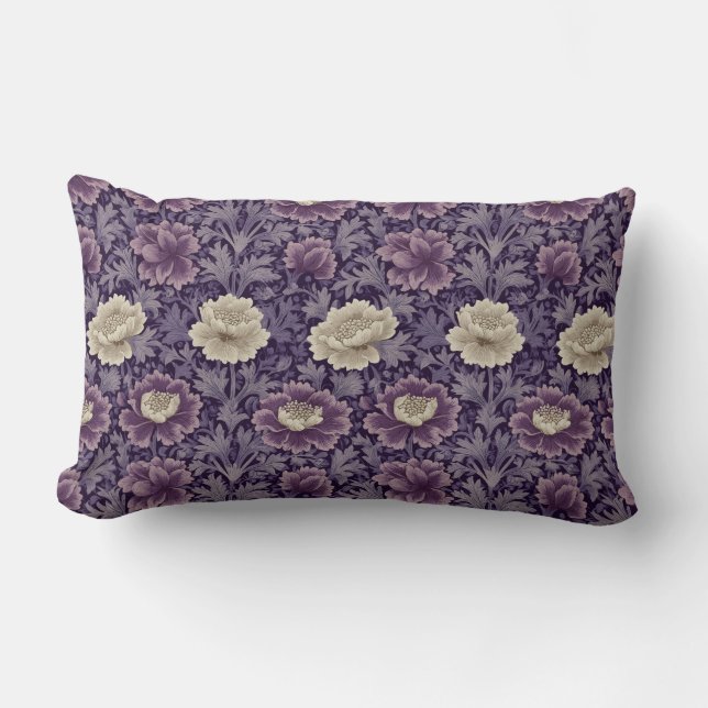 Purple William Morris Style Floral  Lumbar Cushion (Front)