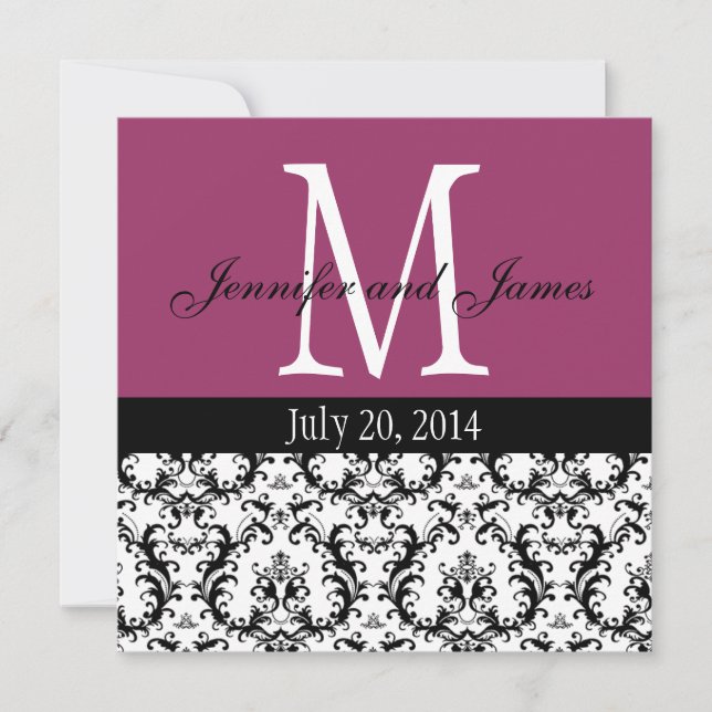 Purple Wine Damask Monogram Wedding Invitation (Front)