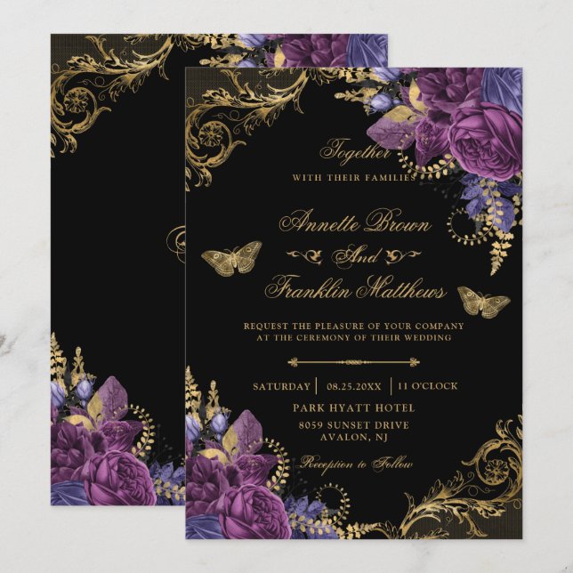 Purple Wine Floral Antique Ornate Gold Wedding Invitation (Front/Back)