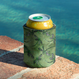 Purple Winged Dragonflies on Soft Lime Green Can Cooler