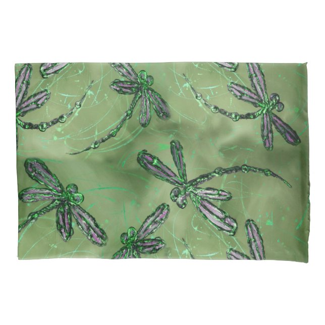 Purple Winged Dragonflies on Soft Lime Pillowcase (Front)