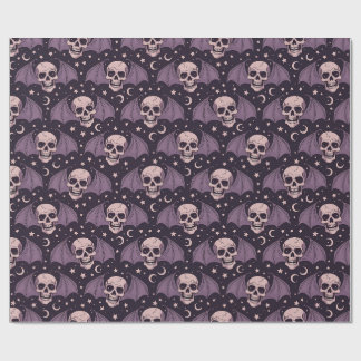 Purple Winged Skulls Celestial Moon Pattern Wrapping Paper
