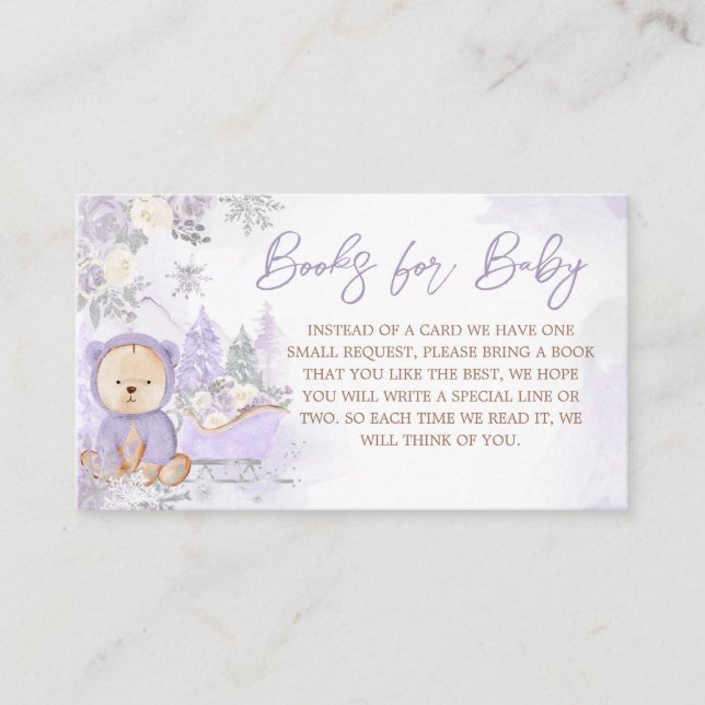Purple Winter Bear Baby Shower Books for Baby Enclosure Card (Front)