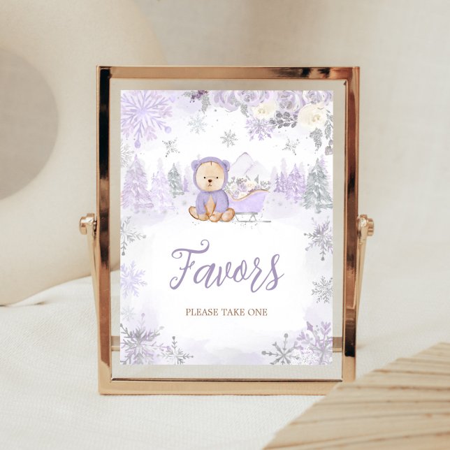 Purple Winter Bear Baby Shower Favours Poster (Purple Teddy Bear Baby Shower Favors Sign)
