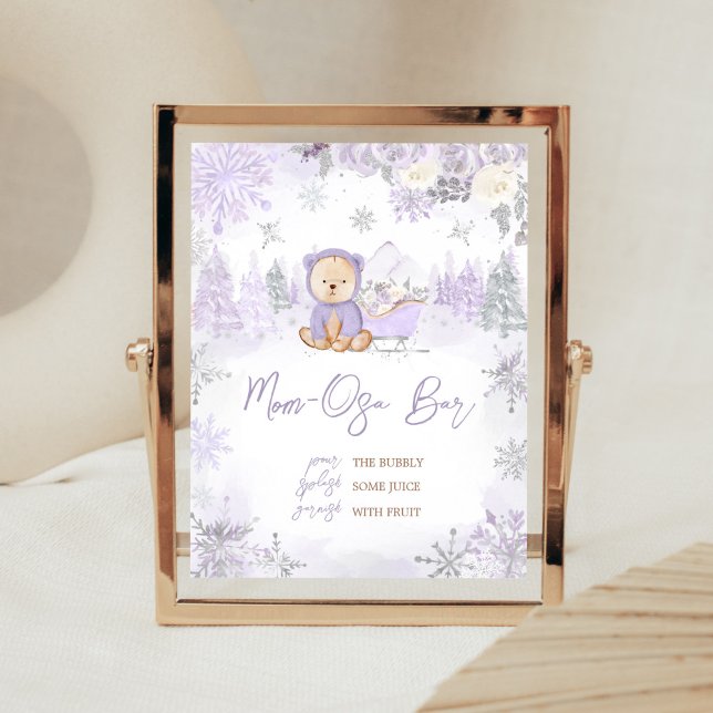 Purple Winter Bear Baby Shower Mum Osa Bar Poster (Purple Teddy Bear Baby Shower Mom Osa Bar Sign)