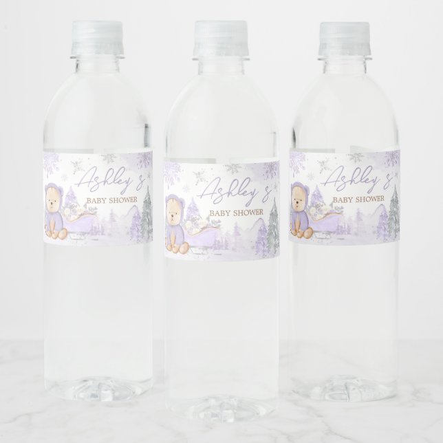 Purple Winter Bear Baby Shower Water Bottle Label (Bottles)