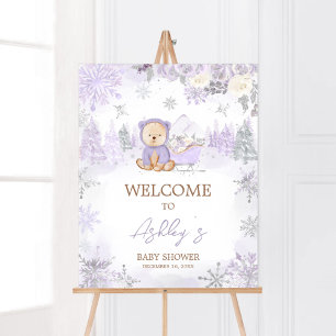 Purple Winter Bear Baby Shower Welcome Poster