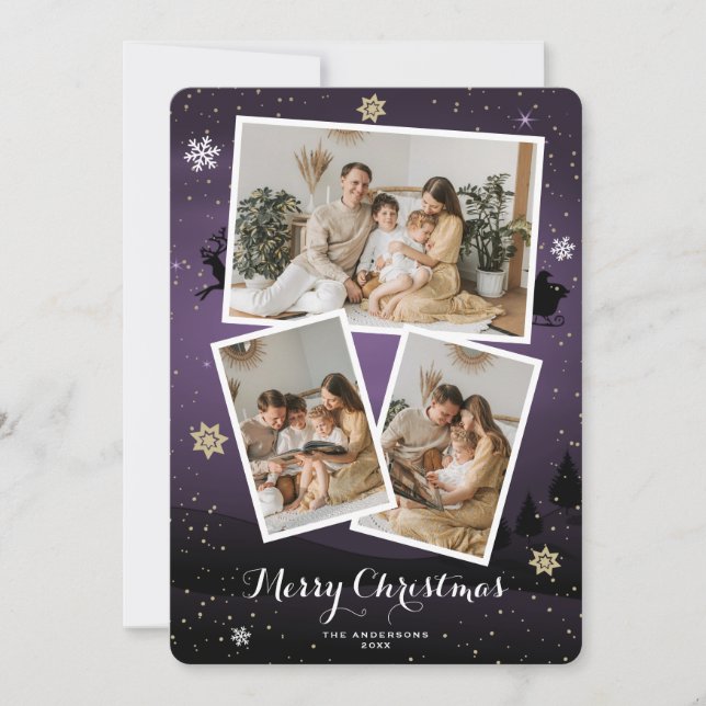 Purple Winter Holiday Merry Christmas Photo Cards (Front)