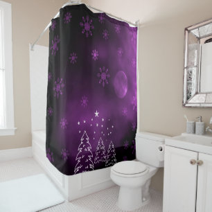 Purple winter night with moon snowflakes forest shower curtain