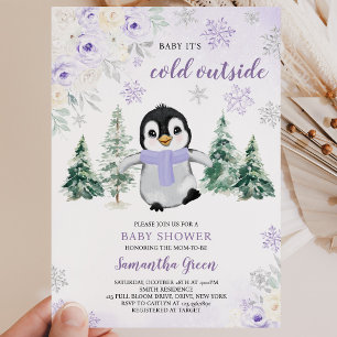 Purple Winter Penguin Baby Shower Invitation