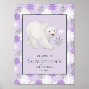 Purple Winter Polar Bear Baby Shower Welcome Poster
