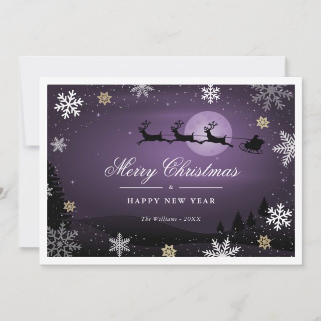 Purple Winter Scene Reindeer Santa Claus Holiday Card (Front)