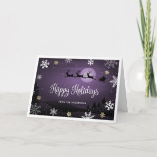 Purple Winter Scene Snowflake Reindeer Santa Claus Holiday Card