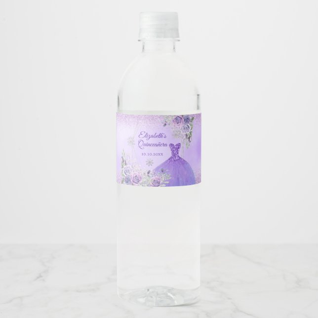 Purple Winter Snowflake Quinceañera Water Bottle Water Bottle Label (Front)