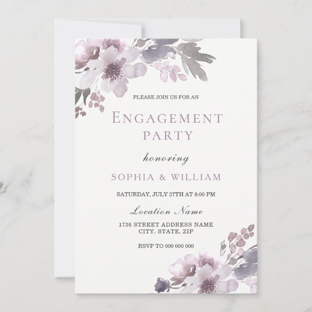 Purple Winter Watercolor Floral Engagement Party Invitation (Front)