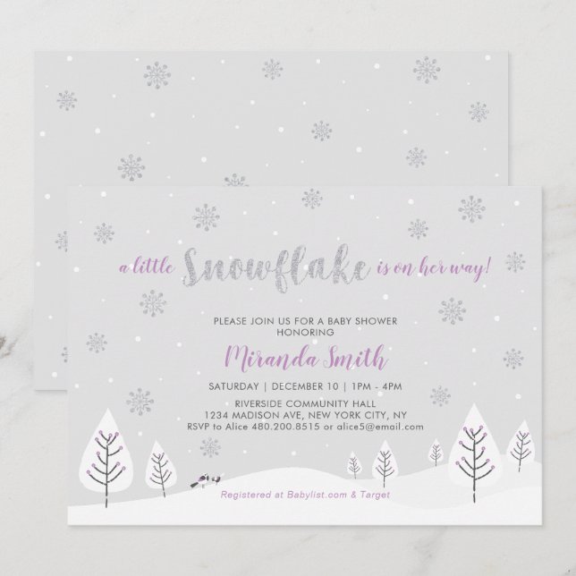Purple Winter Wonderland Girl Baby Shower/Sprinkle Invitation (Front/Back)