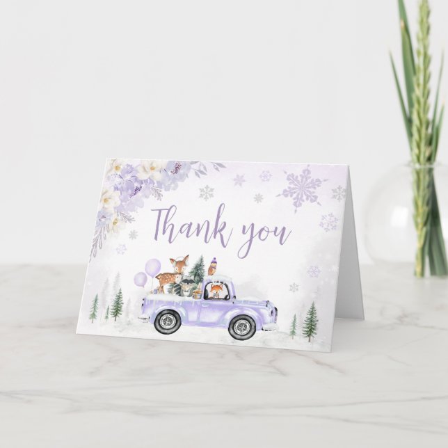 Purple Winter Woodland Baby Shower  Thank You Card (Front)