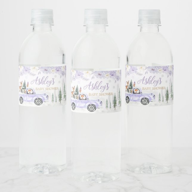 Purple Winter Woodland Baby Shower  Water Bottle Label (Bottles)