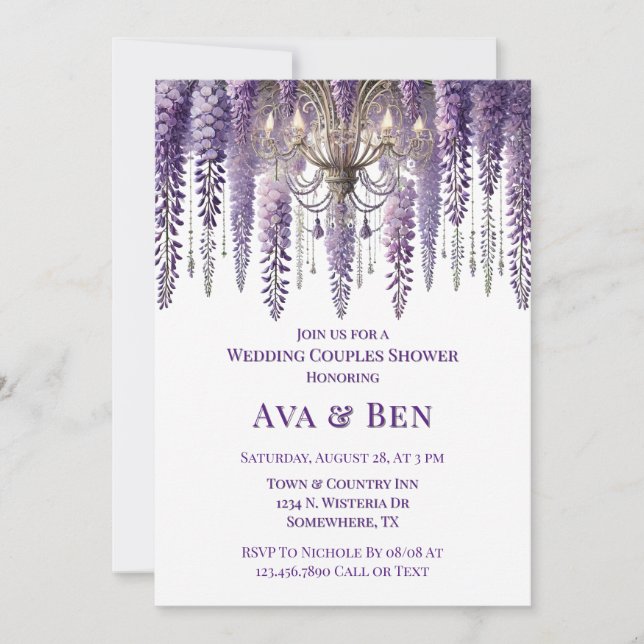 Purple Wisteria Chandelier Wedding Couples Shower Invitation (Front)