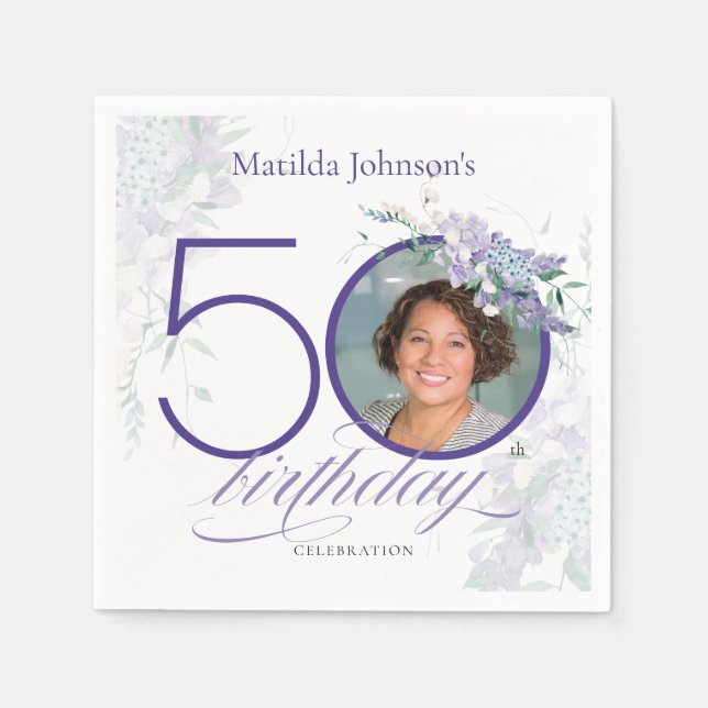 Purple Wisteria Elegant Photo Floral 50th Birthday Napkin (Front)