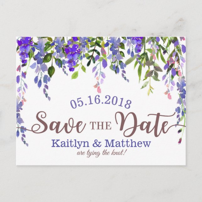 Purple Wisteria Floral Drop Save the Date Announcement Postcard (Front)
