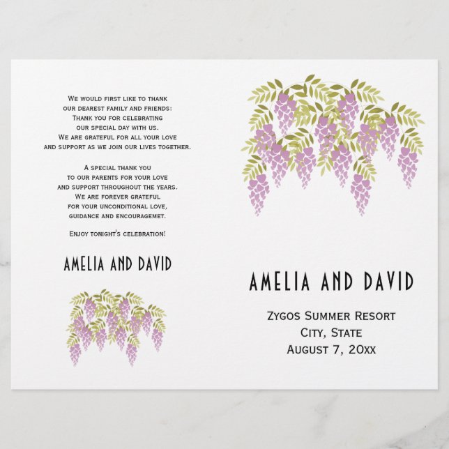 Purple wisteria floral folded wedding program (Front)