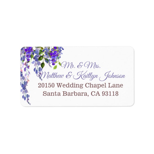 Purple Wisteria Floral Modern Wedding Label (Front)