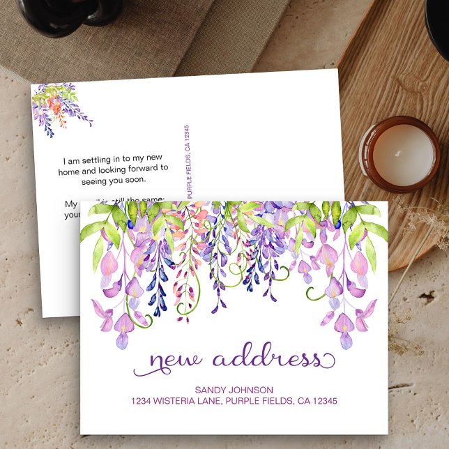Purple Wisteria Floral My New Address Announcement Postcard (New Address postcard with purple wisteria)