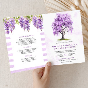 Purple Wisteria Floral Tree QR Code Wedding Invitation