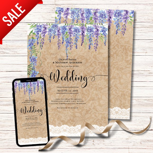 Purple Wisteria Floral Wedding Rustic Lace Look Invitation (Creator Uploaded)