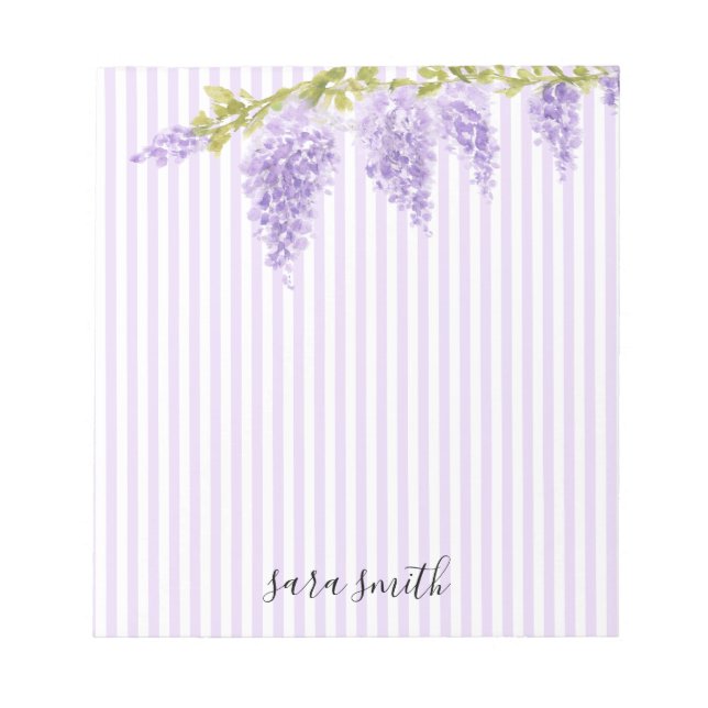 Purple Wisteria Flower Custom Name Stripe Notepad (Front)