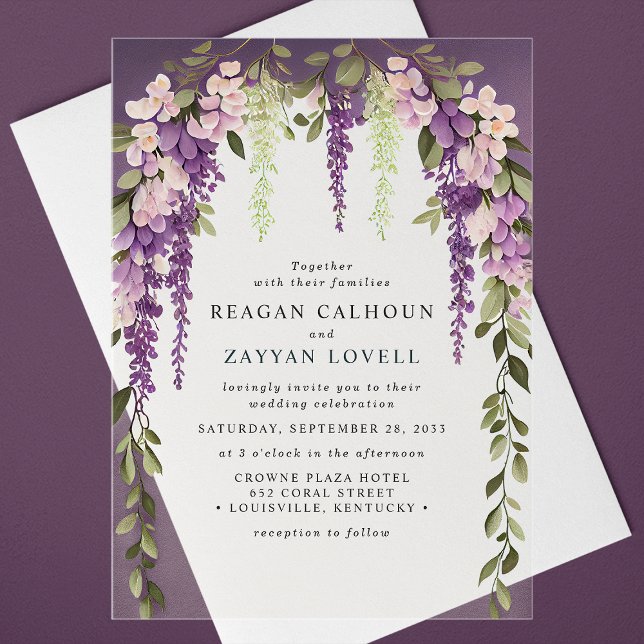 Purple Wisteria Flowers Greenery Modern Wedding Acrylic Invitations (Creator Uploaded)