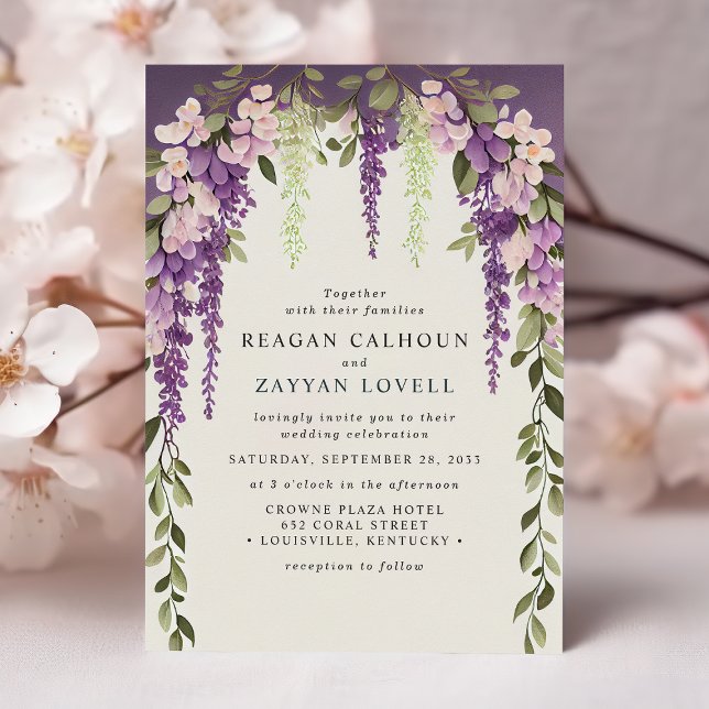 Purple Wisteria Flowers Greenery Modern  Wedding Invitation (Creator Uploaded)