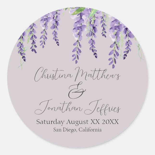 Purple Wisteria Flowers on Lavender Elegant Classic Round Sticker (Front)